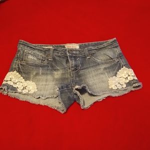 Hot Kiss denim shorts, w/ lace embellishments, size 9